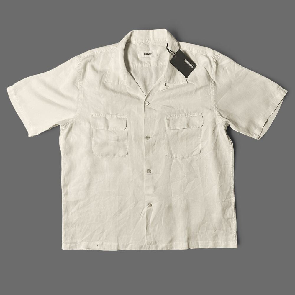 Buck Mason Draped Linen Camp Shirt Mens Size L Alabaster Short Sleeve NWT